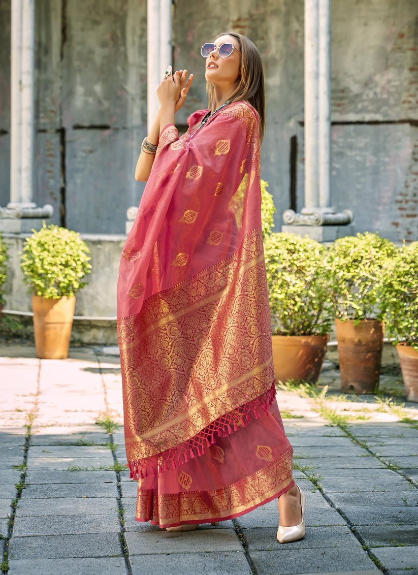 Melon Pink Tissue Silk Woven Saree for Festival