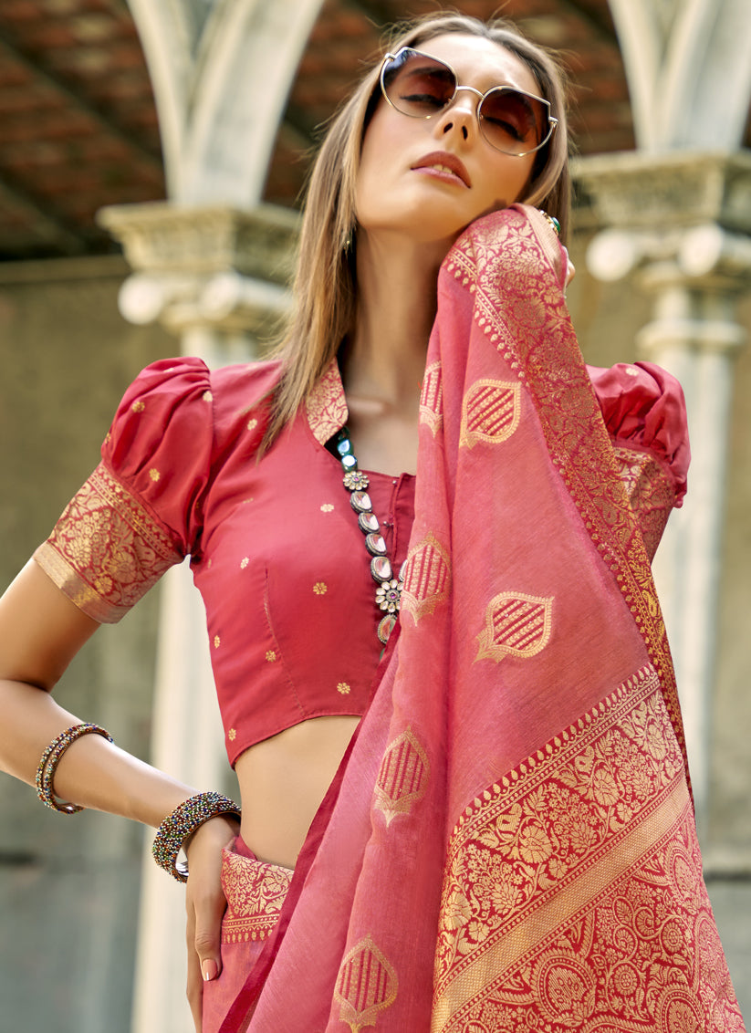 Melon Pink Tissue Silk Woven Saree for Festival