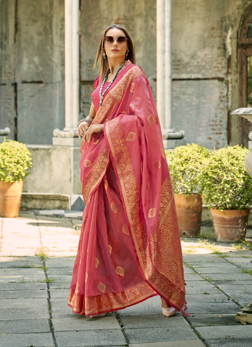 Melon Pink Tissue Silk Woven Saree for Festival