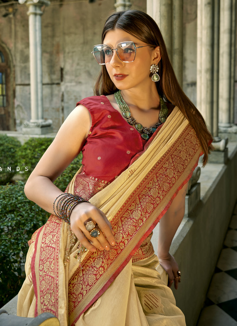 Beige Tissue Silk Woven Saree for Festival