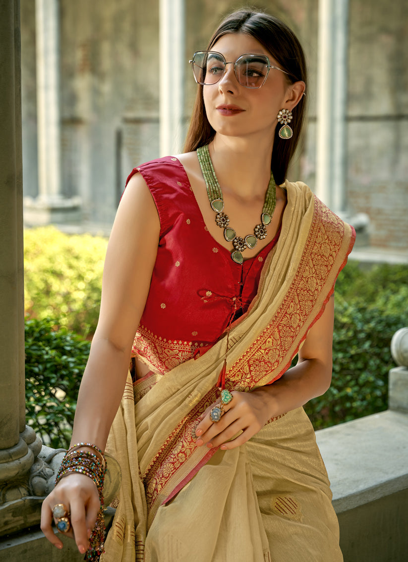 Beige Tissue Silk Woven Saree for Festival