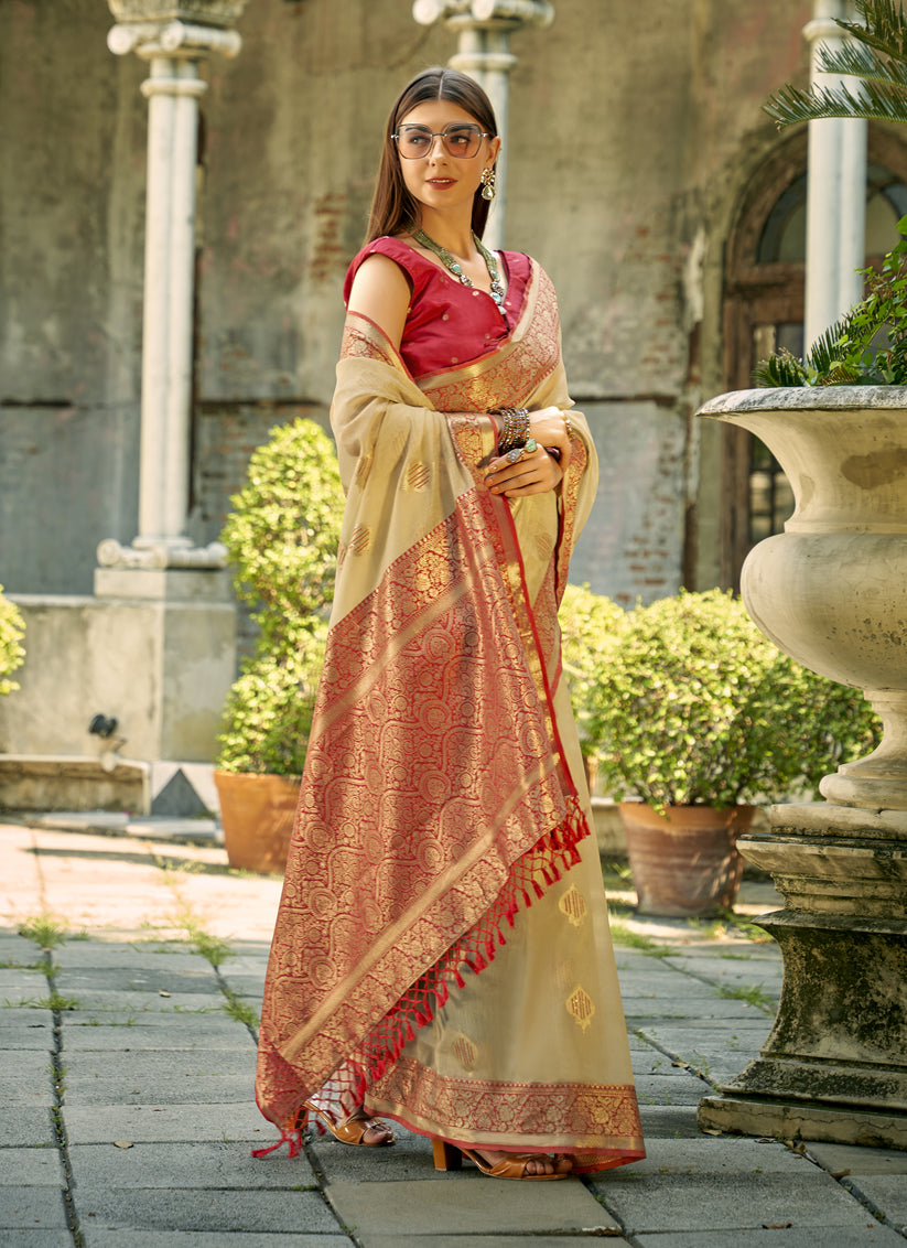 Beige Tissue Silk Woven Saree for Festival