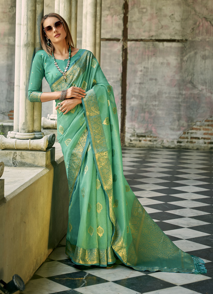 Sea Green Tissue Silk Woven Saree for Festival