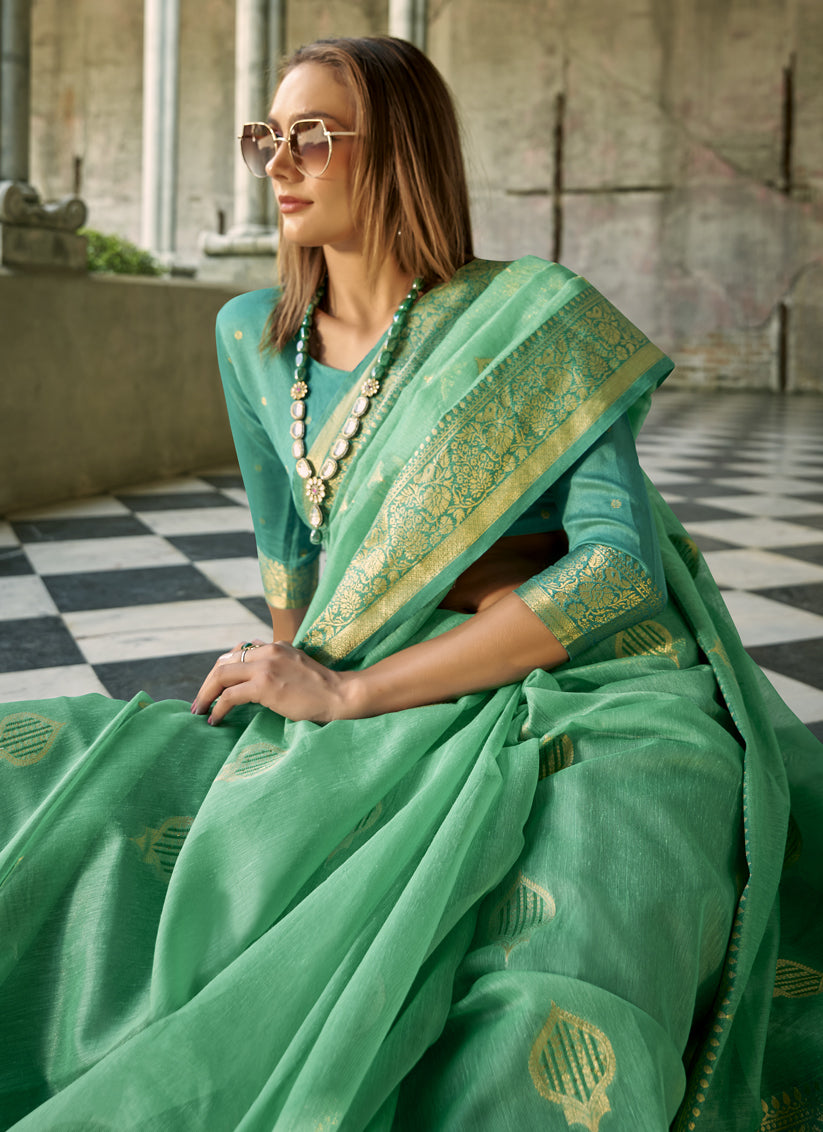 Sea Green Tissue Silk Woven Saree for Festival