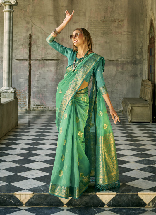 Sea Green Tissue Silk Woven Saree for Festival