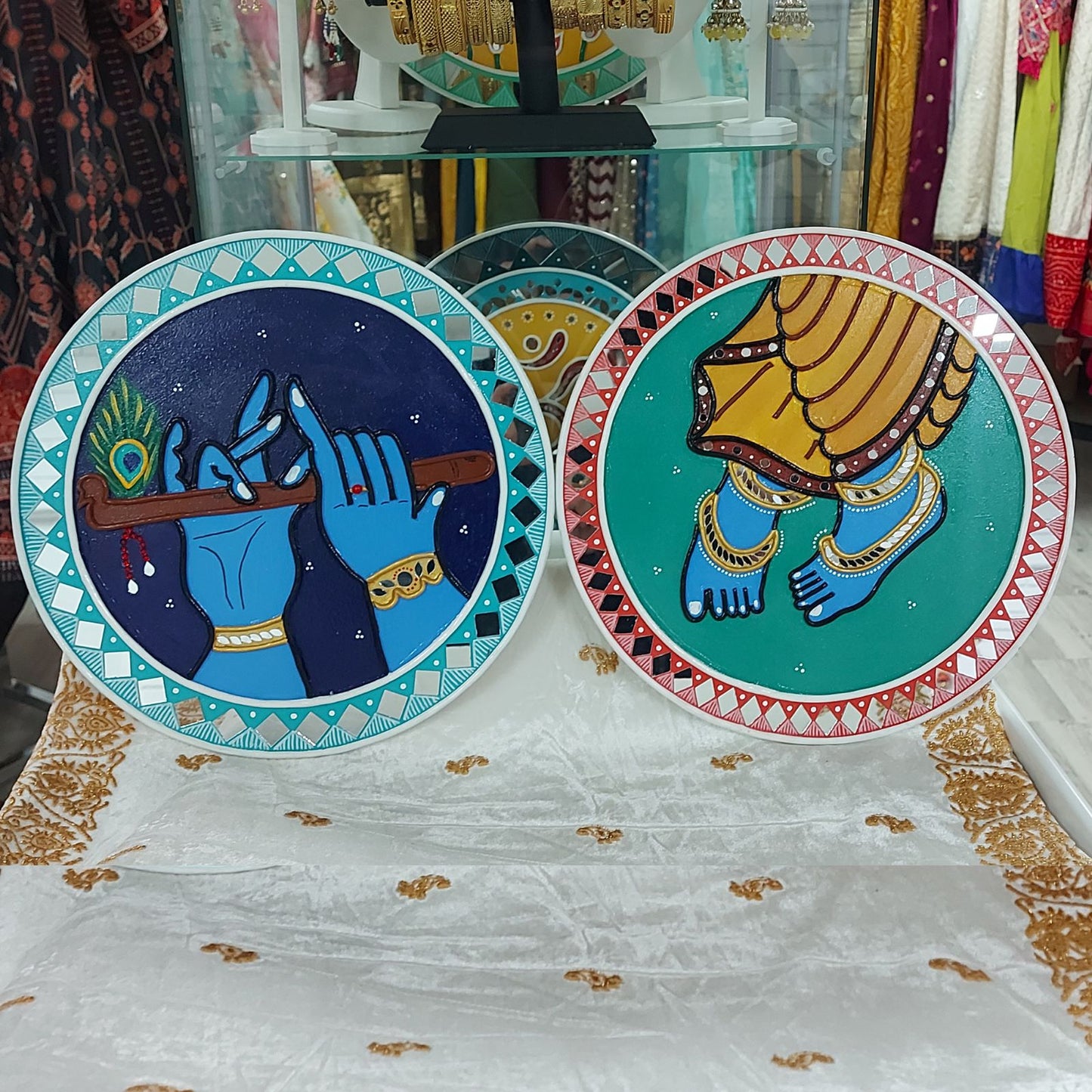 Set of 2 - Krishna Flute-Feet Lippan Art Wall Plate