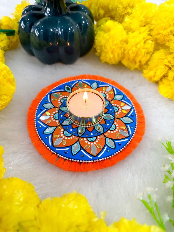 Orange Mandala ArtWork Candle Holder (4.5 inches)