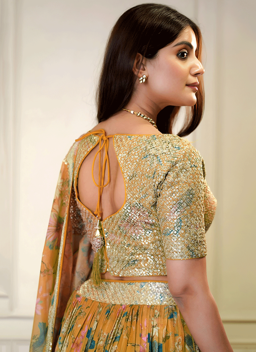 Sunset Orange Floral Digital-Print Embroidered & Sequins Designer Lehenga Choli for Weddings