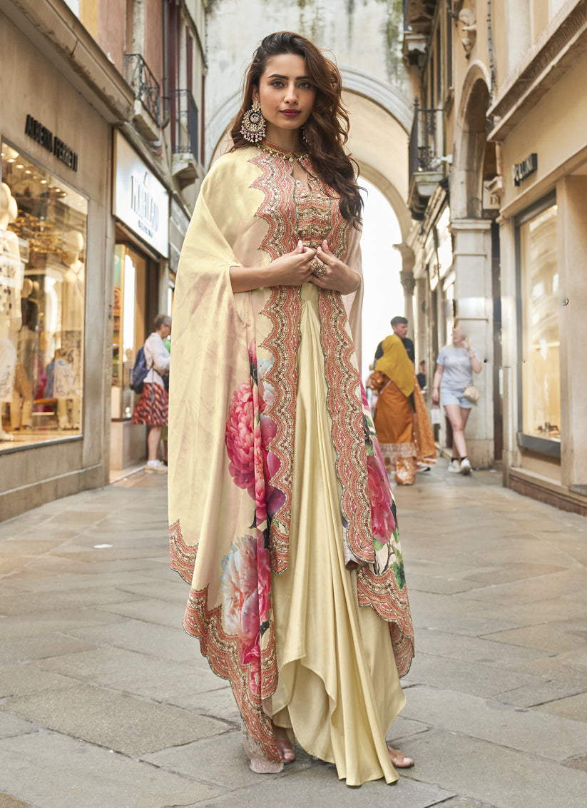 Designer Beige Crepe Indo-Western Outfit with Digital Print and Hand Embellishments
