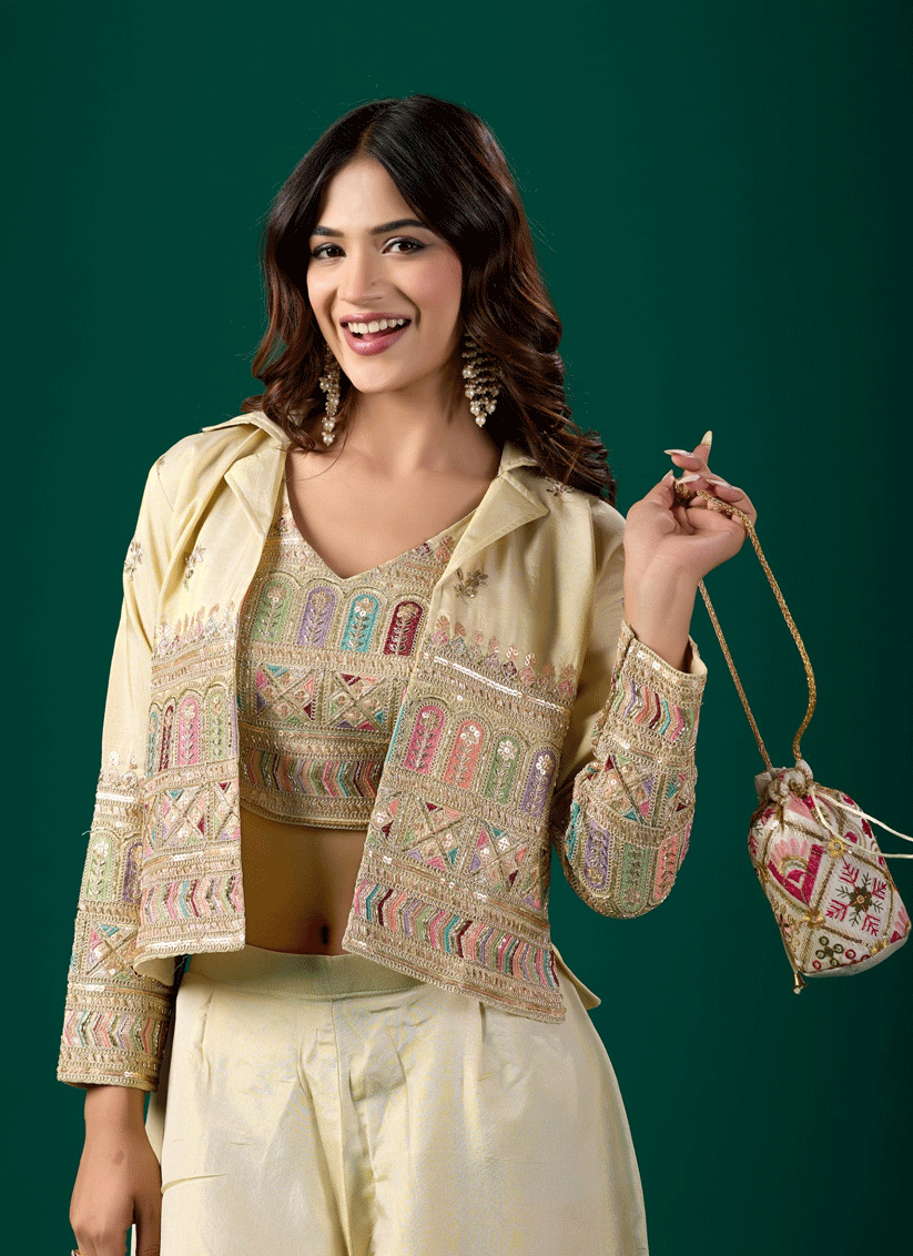 Elegant Off-White Nylon Tissue Stitched Party Wear Suit with Embroidery