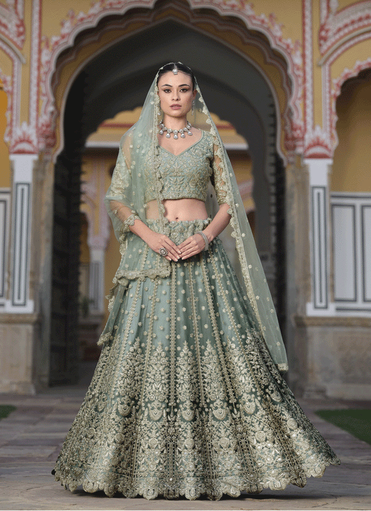 Sage Green Net & Embroidered Lehenga Choli