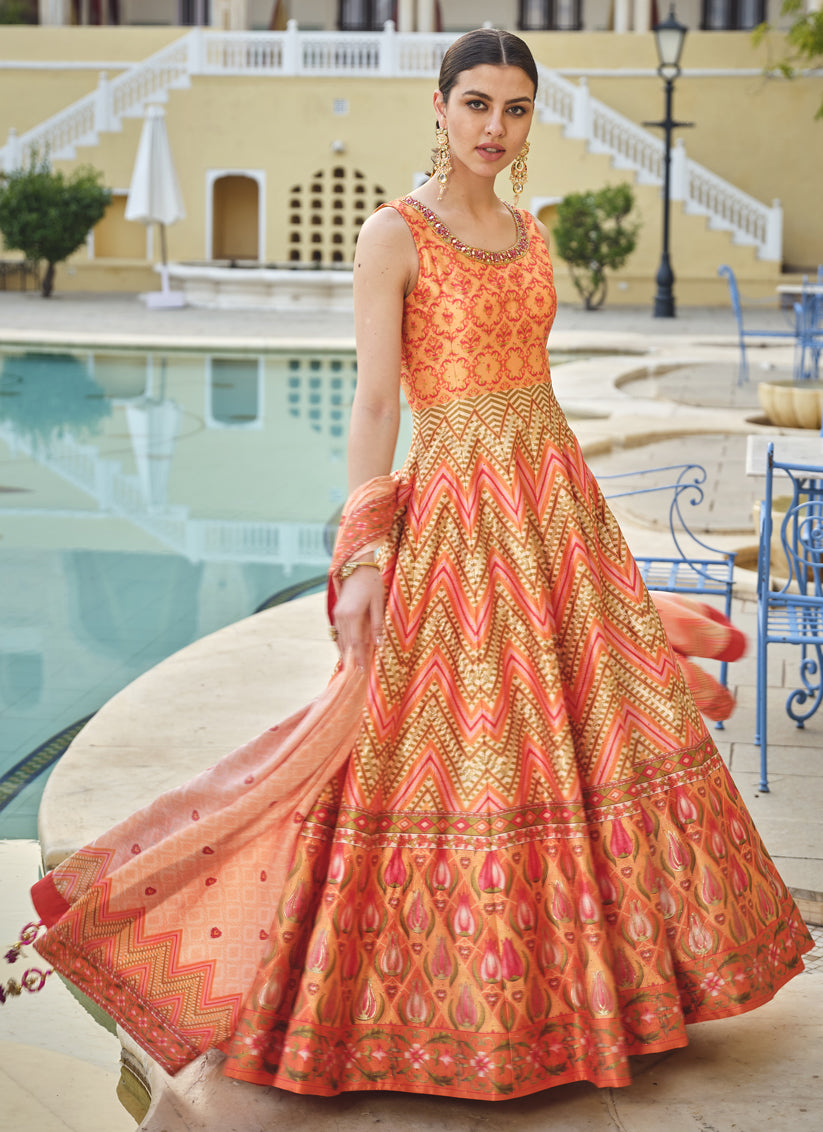 Multicolor Silk Handwork Flared Anarkali Gown with Dupatta