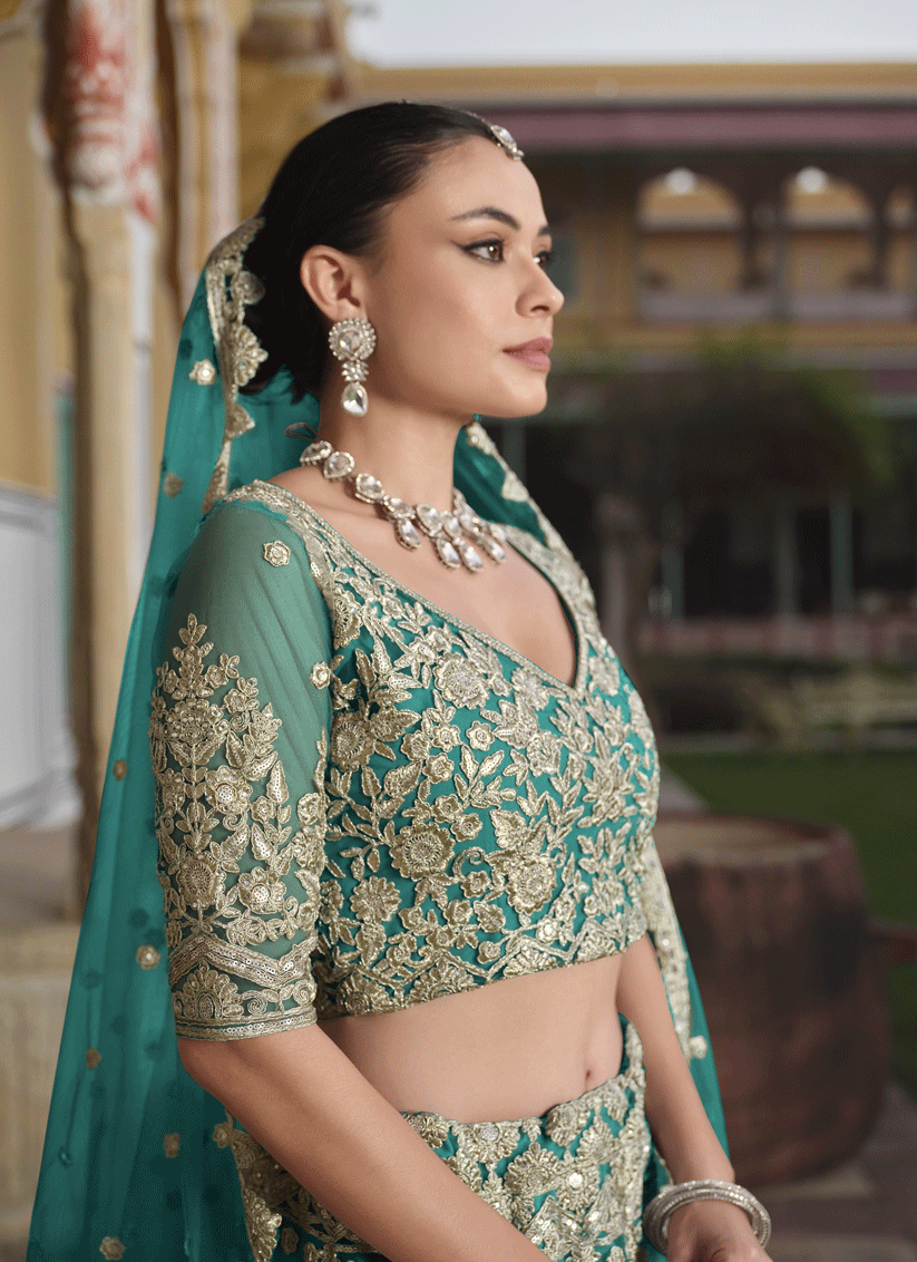 Rama Green Net & Embroidered Lehenga Choli