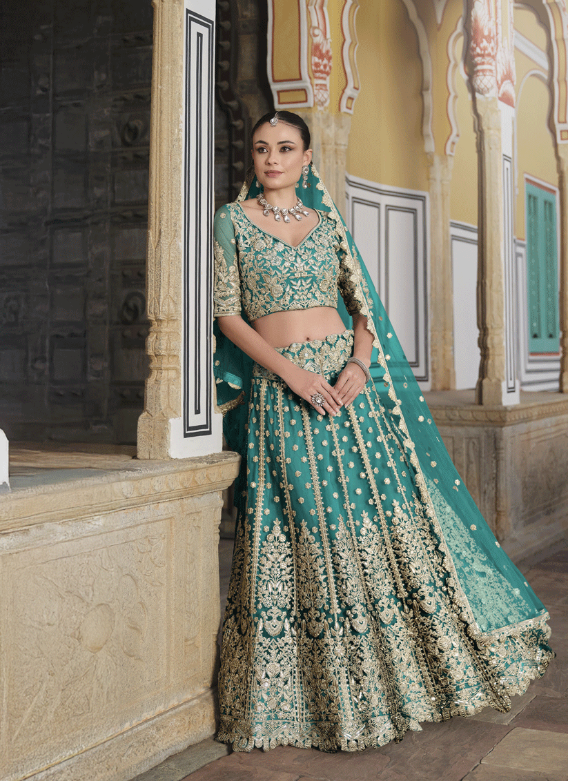 Rama Green Net & Embroidered Lehenga Choli
