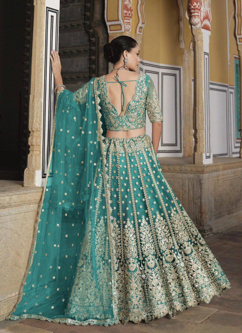 Rama Green Net & Embroidered Lehenga Choli