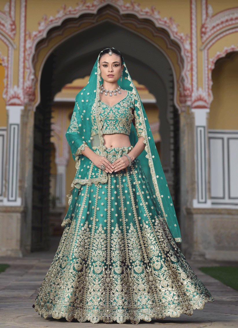 Rama Green Net & Embroidered Lehenga Choli