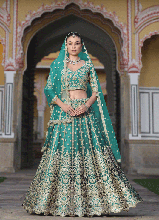 Rama Green Net & Embroidered Lehenga Choli