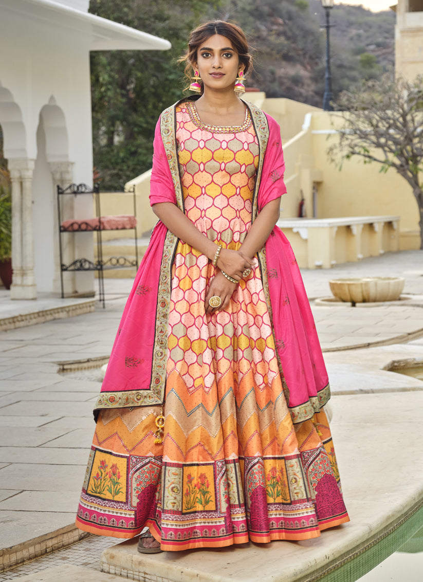 Multicolor Silk Handwork Flared Anarkali Gown with Dupatta