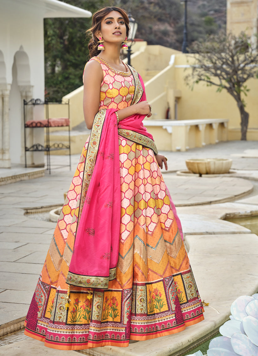 Multicolor Silk Handwork Flared Anarkali Gown with Dupatta