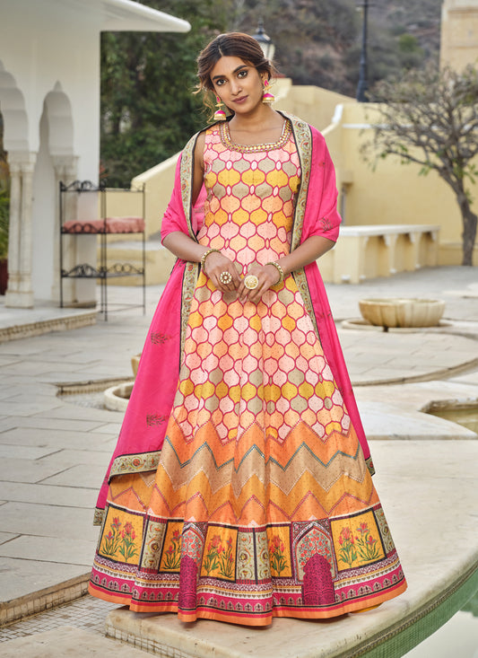 Multicolor Silk Handwork Flared Anarkali Gown with Dupatta