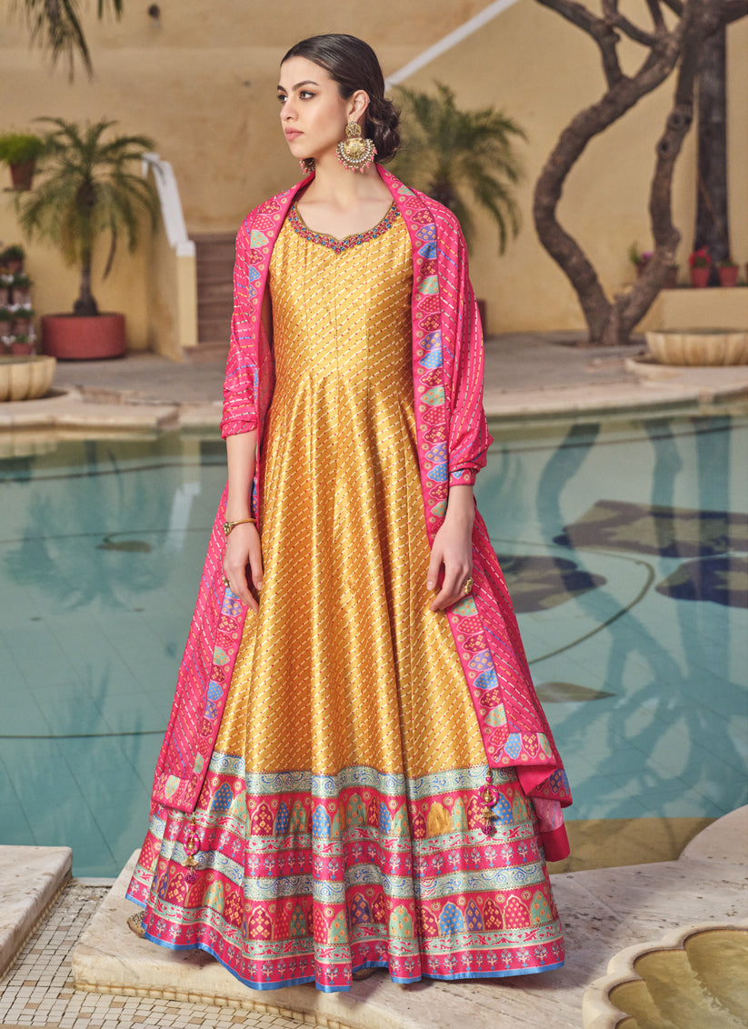 Mustard Silk Handwork Flared Anarkali Gown with Dupatta