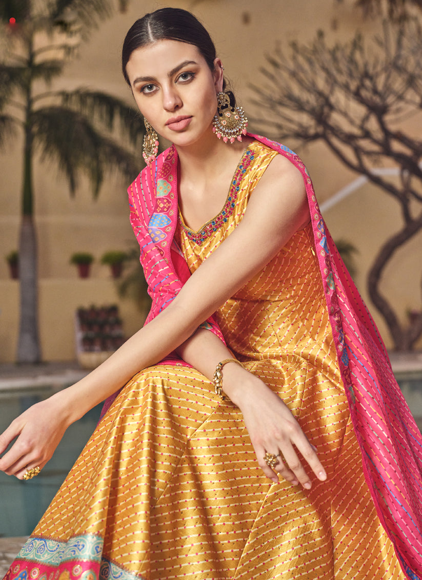 Mustard Silk Handwork Flared Anarkali Gown with Dupatta