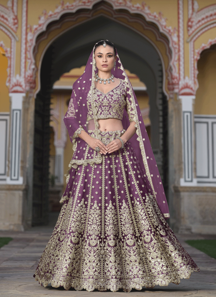 Burgundy Net & Embroidered Lehenga Choli