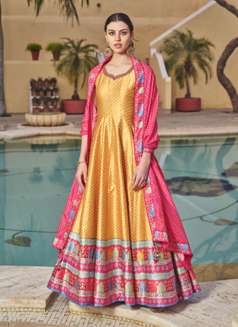 Mustard Silk Handwork Flared Anarkali Gown with Dupatta