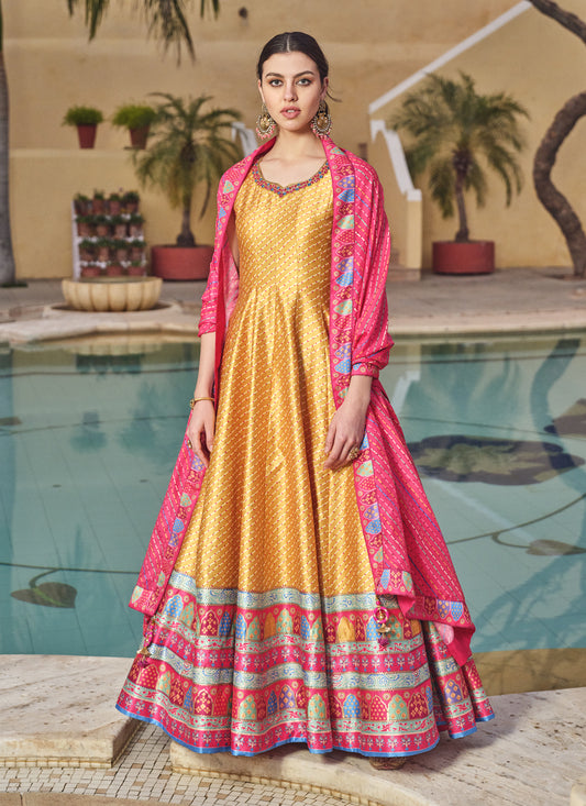 Mustard Silk Handwork Flared Anarkali Gown with Dupatta