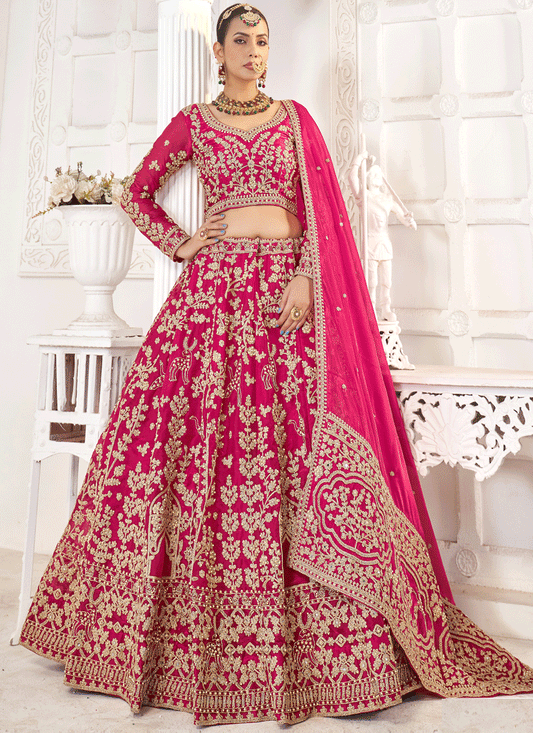 Rani Pink Tissue Organza Embroidered Designer Lehenga Set Choli