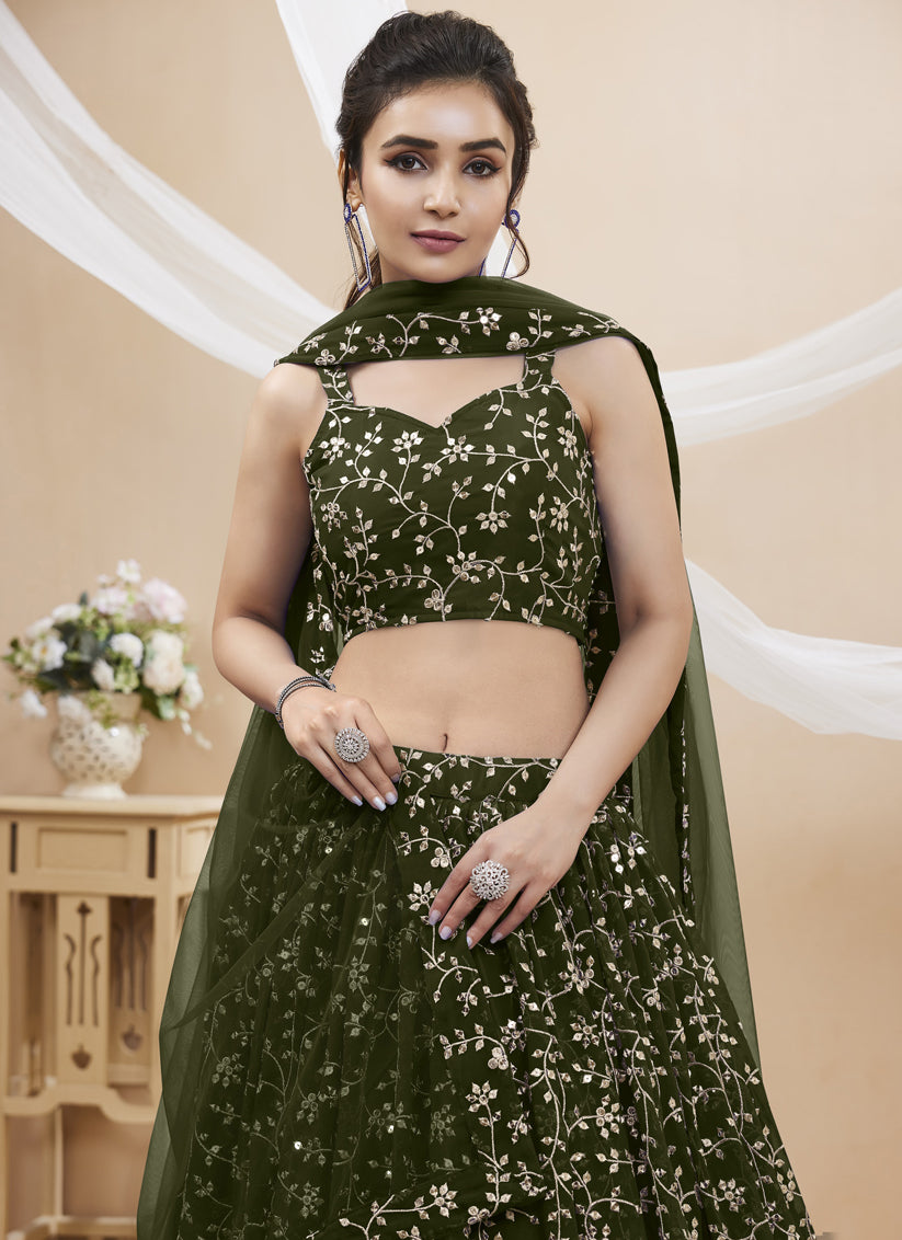 Mehendi Green Georgette Embroidered Wedding Lehenga Choli