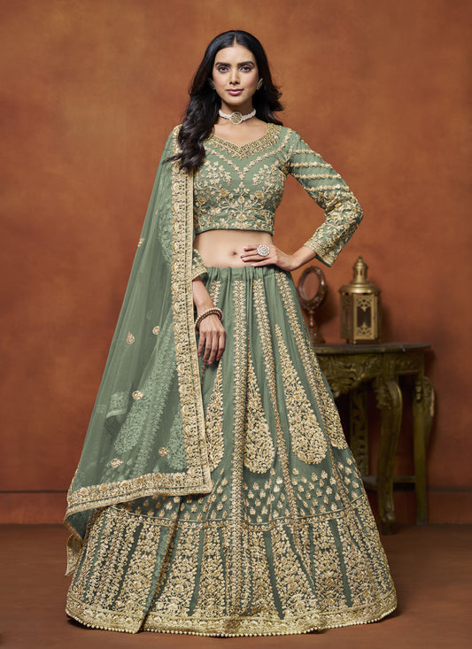 Sage Green Net & Embroidered Lehenga Choli for Wedding