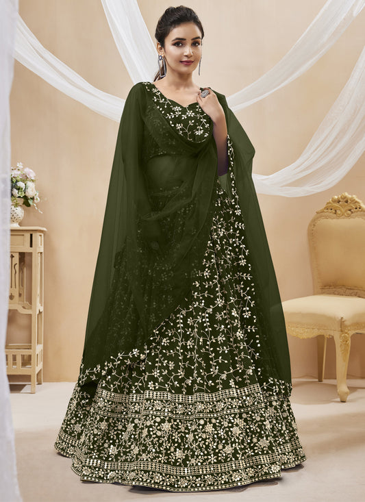 Mehendi Green Georgette Embroidered Wedding Lehenga Choli
