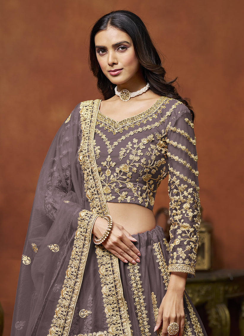 Dusty Grey Net & Embroidered Lehenga Choli for Wedding