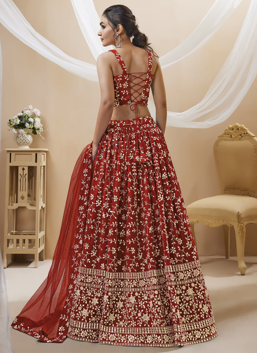 Rust Maroon Georgette Embroidered Wedding Lehenga Choli