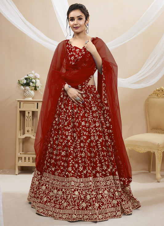 Rust Maroon Georgette Embroidered Wedding Lehenga Choli