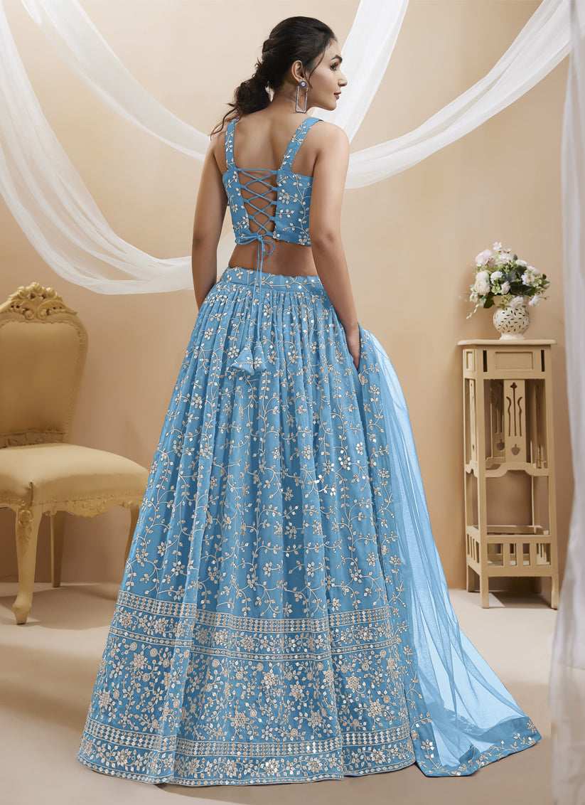 Sky Blue Georgette Embroidered Wedding Lehenga Choli