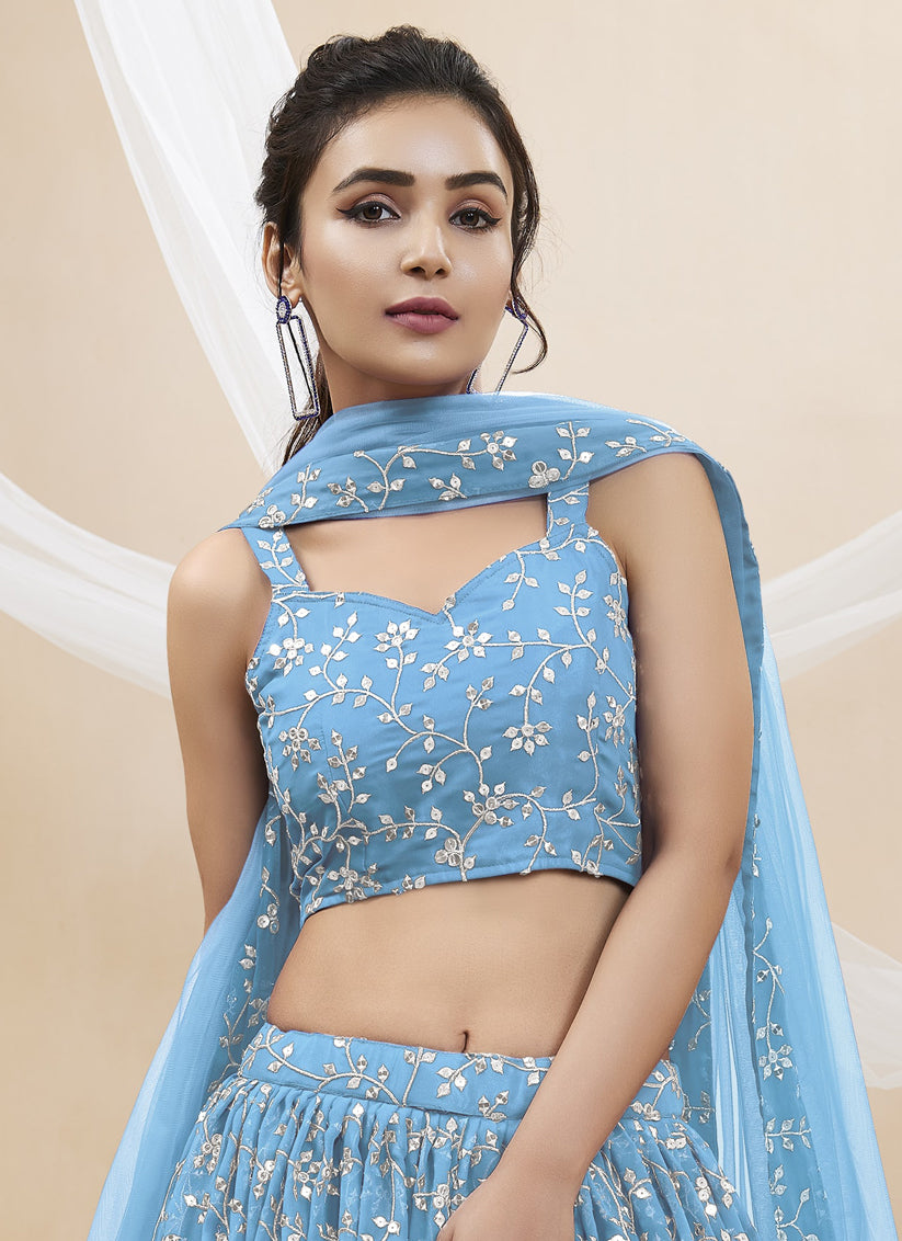 Sky Blue Georgette Embroidered Wedding Lehenga Choli