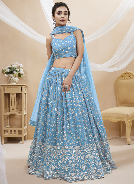 Sky Blue Georgette Embroidered Wedding Lehenga Choli