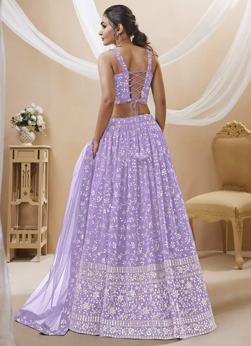 Lavender Georgette Embroidered Wedding Lehenga Choli