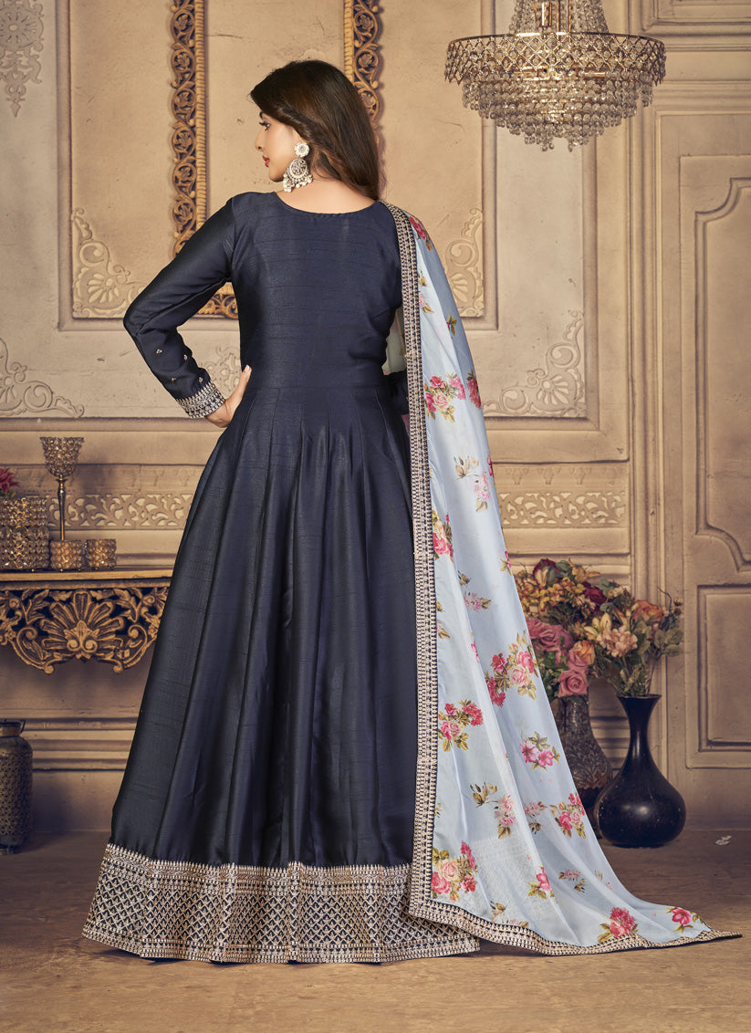 Midnight Blue Silk Slub Embroidered Readymade Anarkali Suit