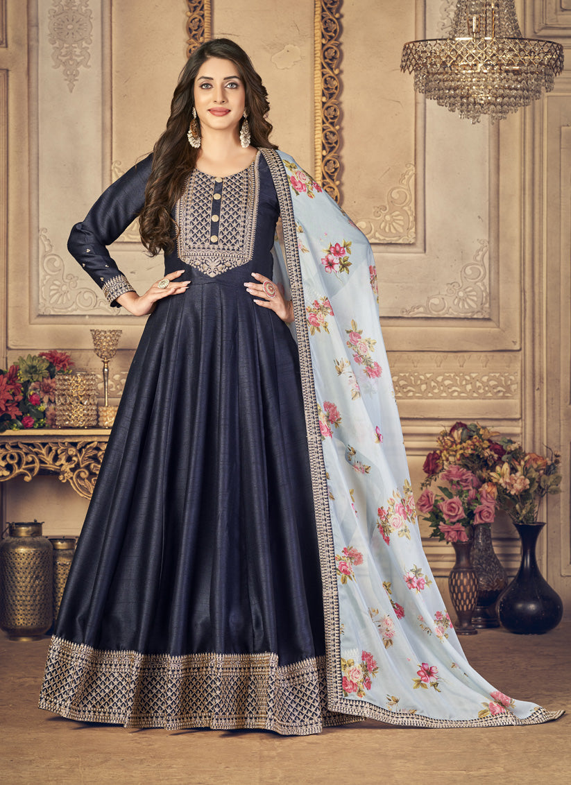 Midnight Blue Silk Slub Embroidered Readymade Anarkali Suit