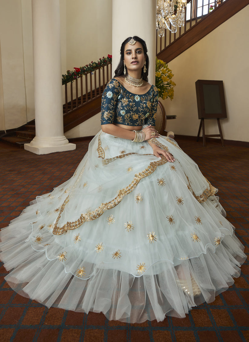 Pastel Blue Net Designer Lehenga Choli