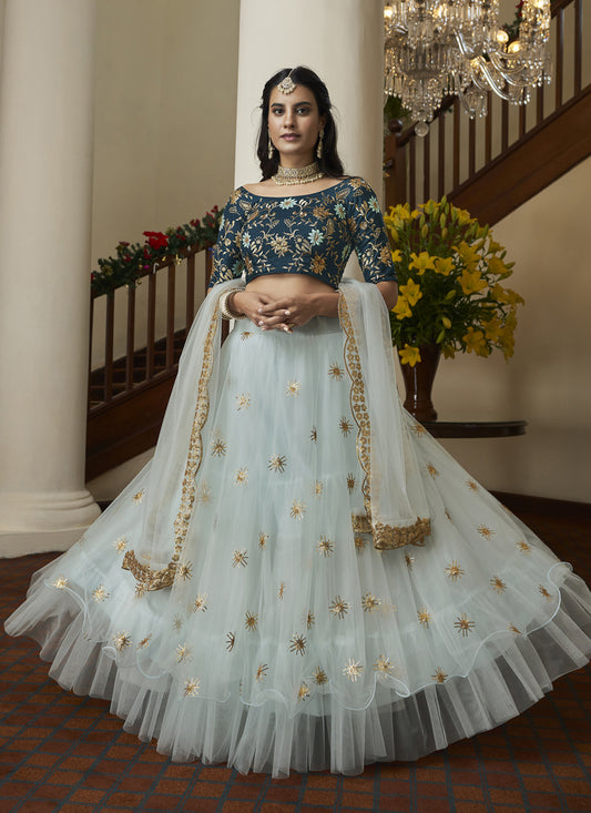 Pastel Blue Net Designer Lehenga Choli