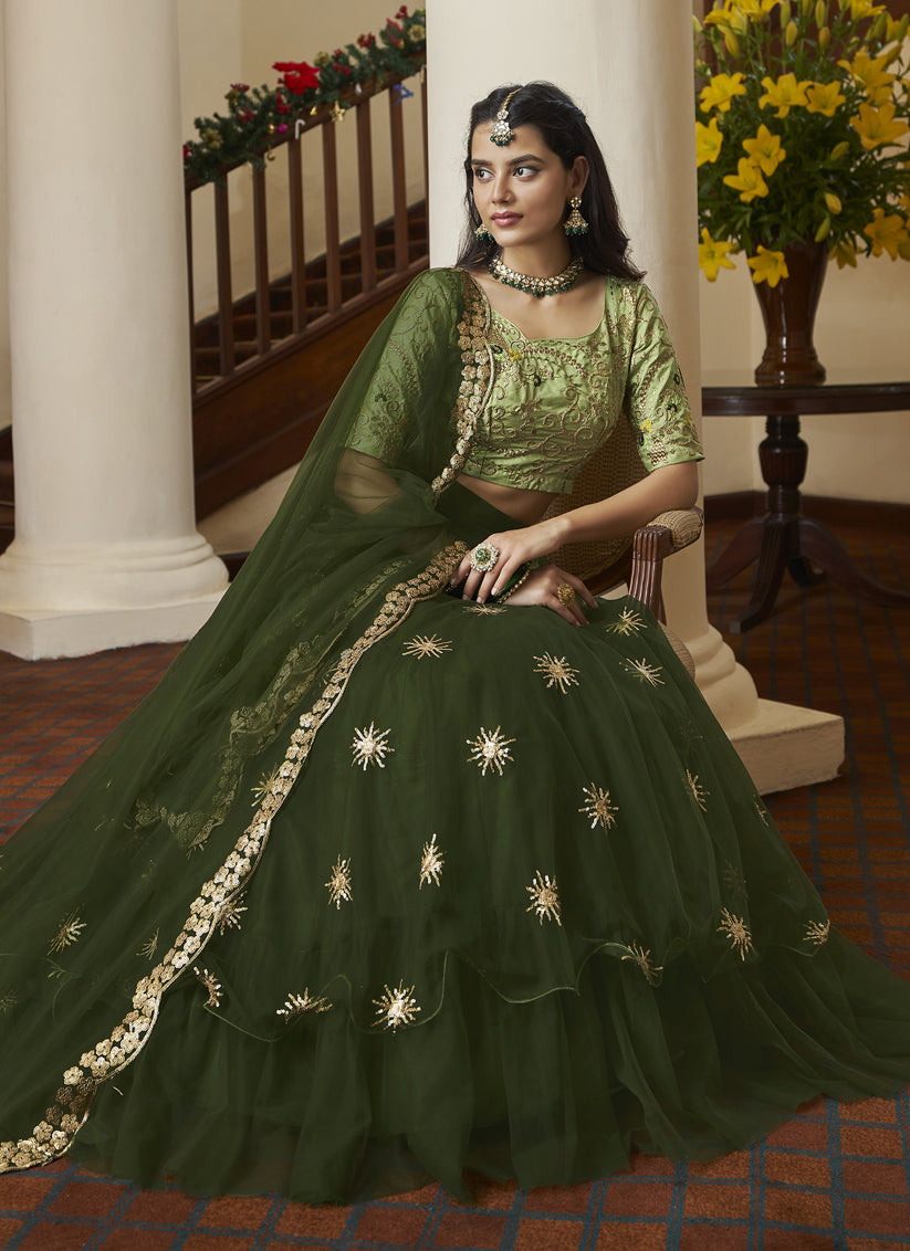 Olive Green Net Designer Lehenga Choli