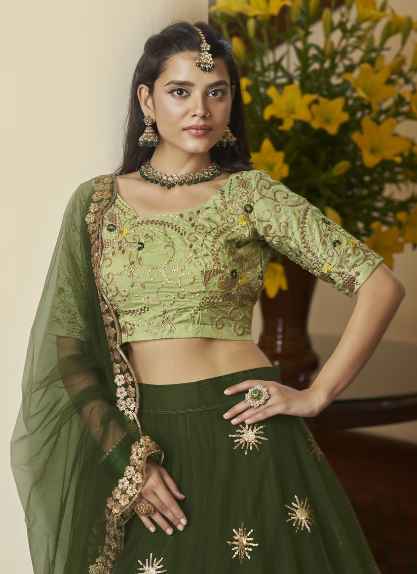 Olive Green Net Designer Lehenga Choli