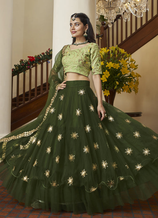 Olive Green Net Designer Lehenga Choli