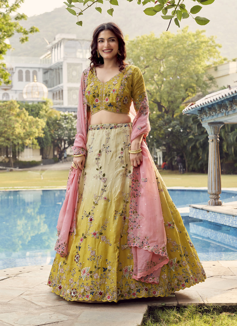 Maize Yellow and Cream Pure Organza Embroidered Designer Lehenga Choli