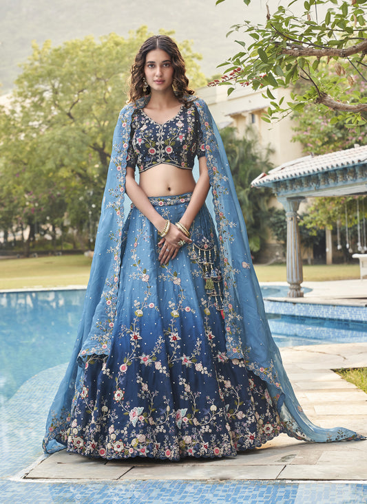 Ombre Blue Pure Organza Embroidered Designer Lehenga Choli