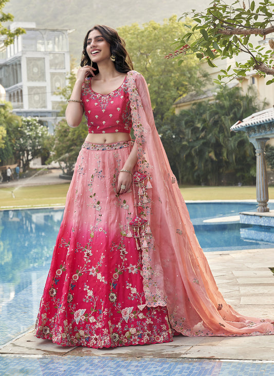 Hot Pink and Coral Pink Pure Organza Embroidered Designer Lehenga Choli